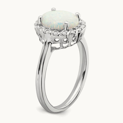 Created Opal and Diamond Halo Ring, 14K White Gold