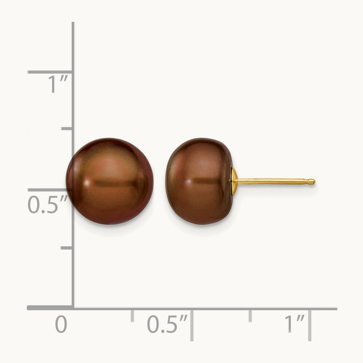 9- Brown Button Freshwater Cultured Pearl Stud Post Earrings, 10mm, 14K