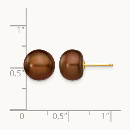 9- Brown Button Freshwater Cultured Pearl Stud Post Earrings, 10mm, 14K