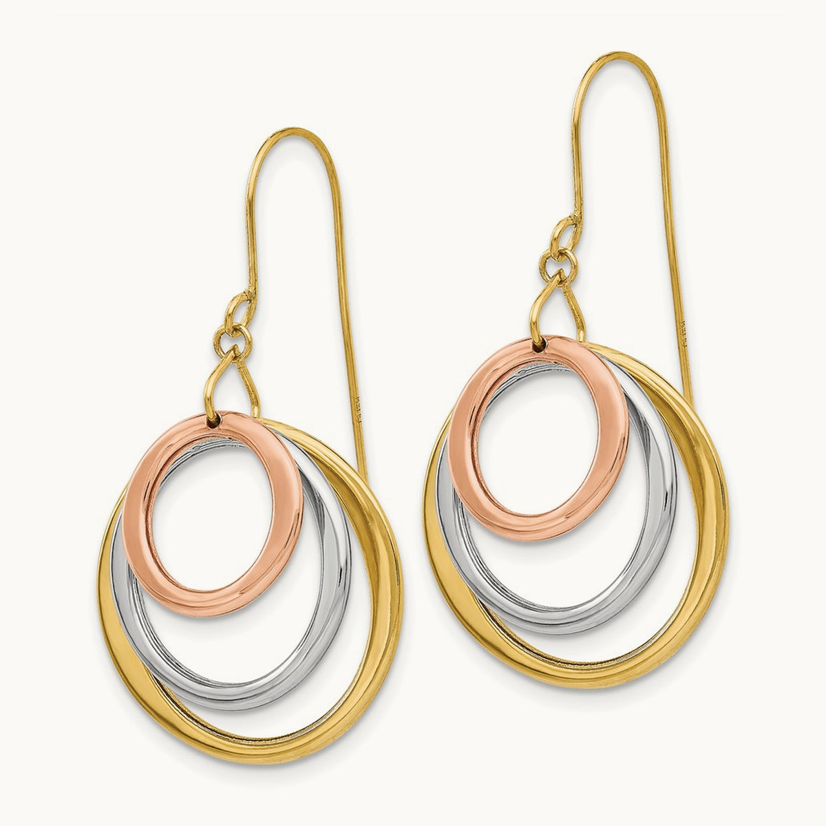 Tri-color Circle Dangle Shepherd Hook Earrings, 14K