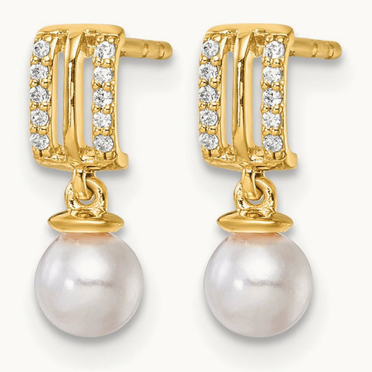 Polished Diamond and Pearl Dangle Post Earrings — photo set