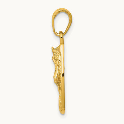 Solid Polished Horse Head in Horseshoe Pendant — 14K Yellow Gold