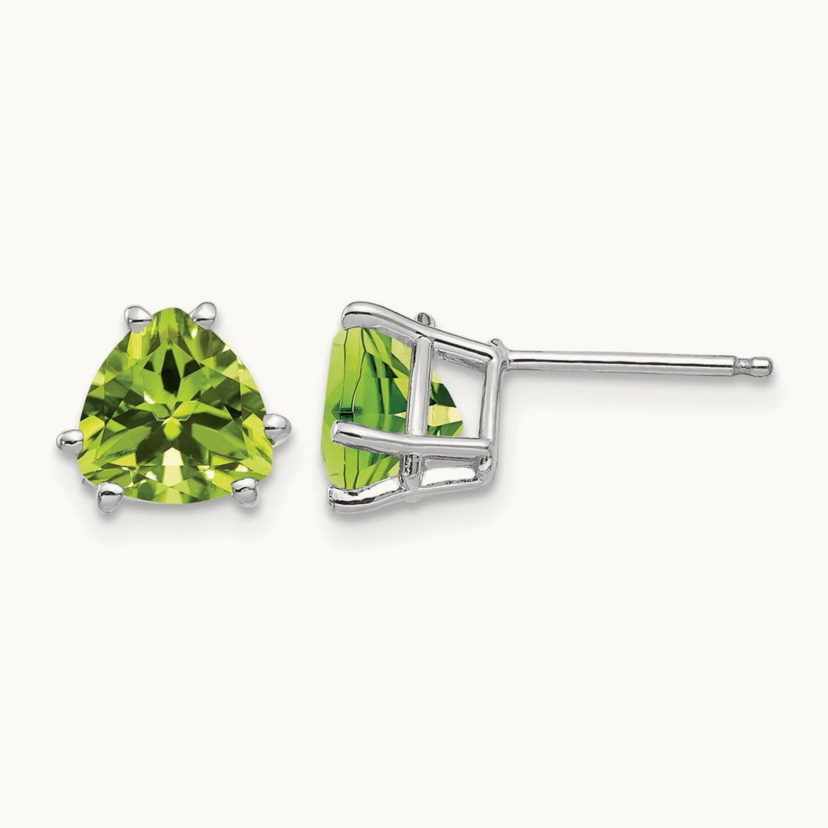 Peridot Trillion Stud Earrings, 14K White Gold