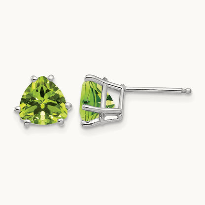 Peridot Trillion Stud Earrings, 14K White Gold
