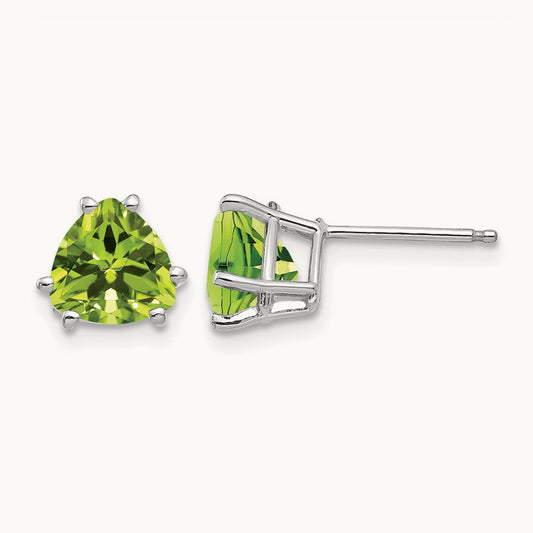 Peridot Trillion Stud Earrings, 14K White Gold
