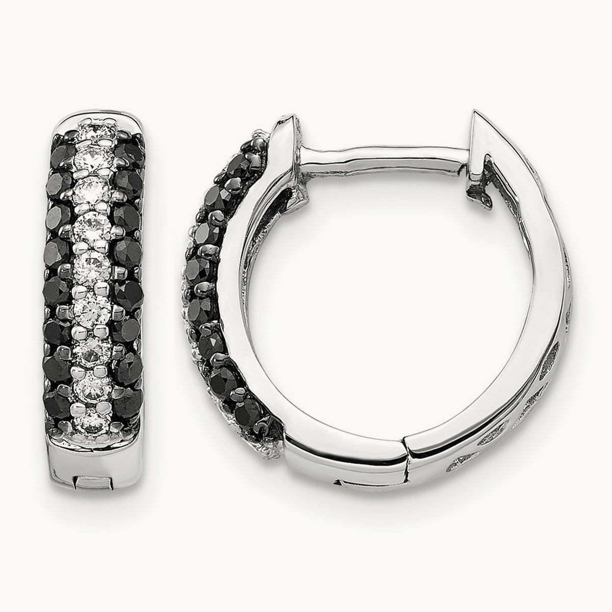 White and Black Diamond Hinged Hoop Earrings, 14K White Gold