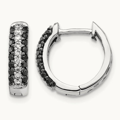 White and Black Diamond Hinged Hoop Earrings, 14K White Gold