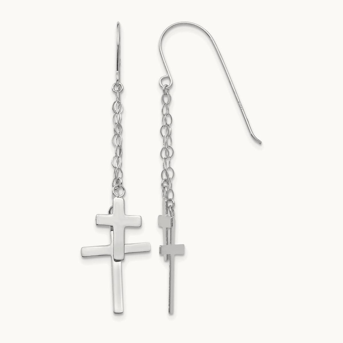 Chain Dangle Cross Shepherd Hook Earrings — 14K White Gold