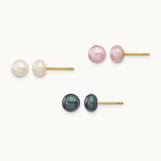 5- Button Freshwater Cultured Pearl Boxed 3 pair Post Earrings Set, 6mm, 14K