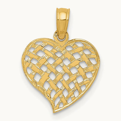 Polished Basket Weave Pattern Heart Pendant, 14K