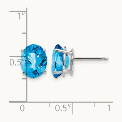 9x7mm Oval Blue Topaz Checker Earrings, 14K White Gold
