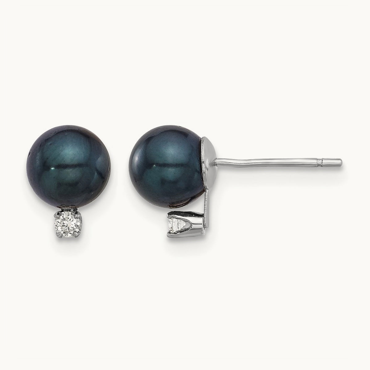 6- Black Akoya Pearl and .06ct Diamond Post Earrings, 7mm, 14K White Gold