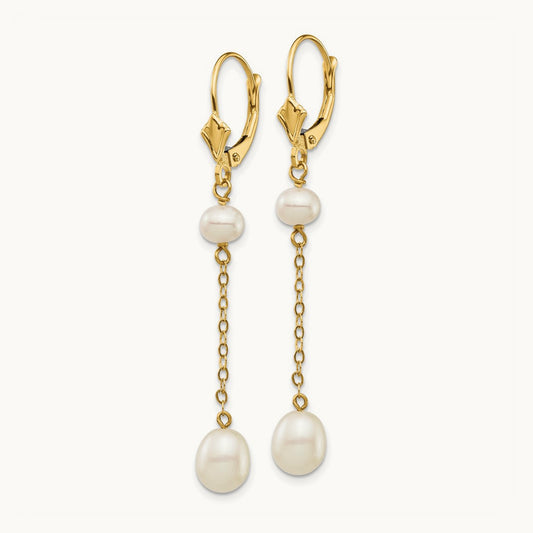 5- White Rice Freshwater Cultured Pearl Leverback Earrings, 7mm, 14K