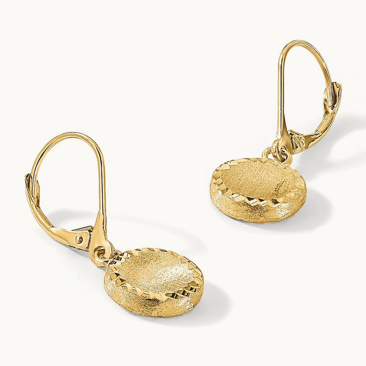 Brushed and Polished Diamond-cut Circle Leverback Earrings, 14K