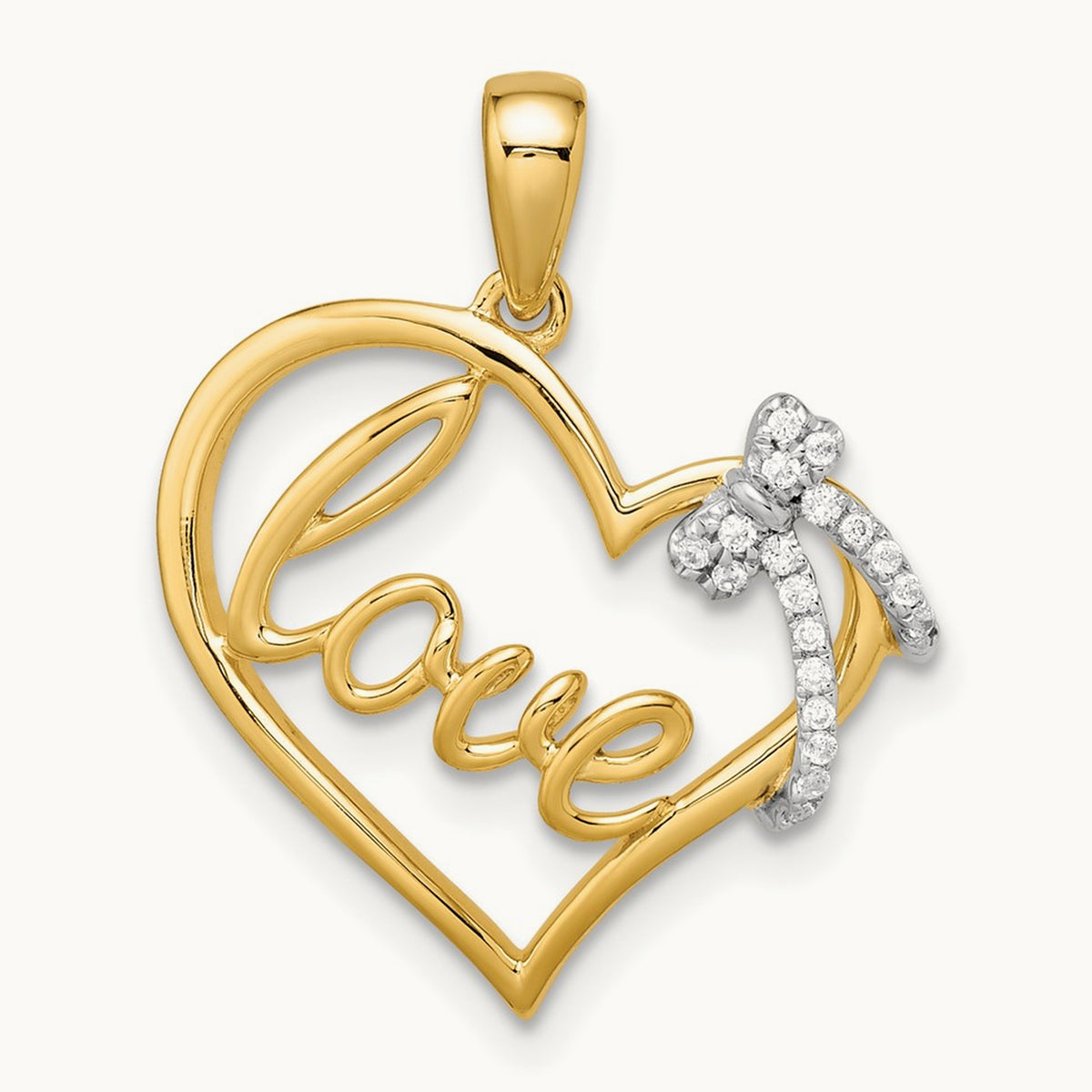 Polished Heart with Bow Diamond Pendant, 14K Two-tone