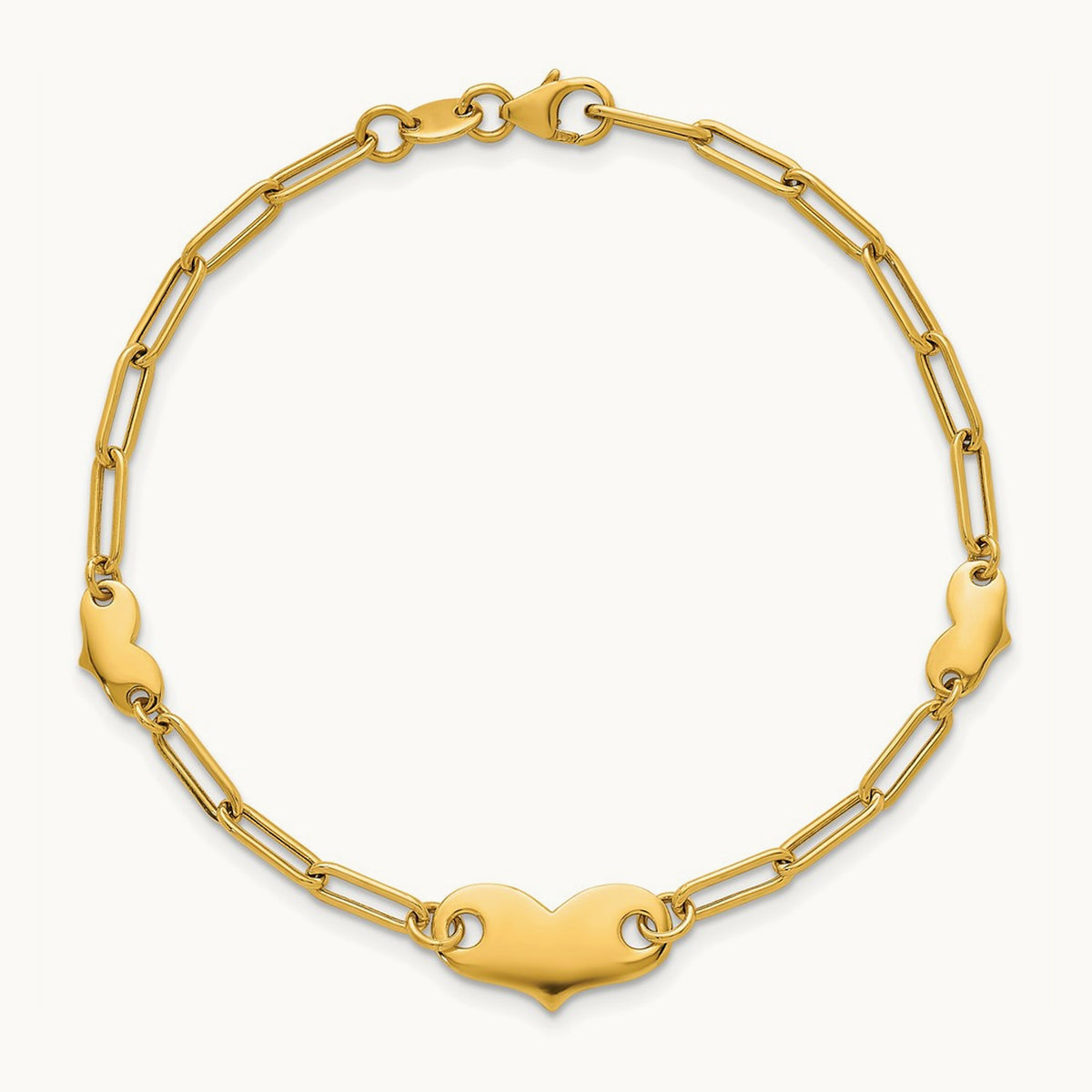 Polished Paperclip Link With Hearts 7.5in Bracelet, 14K