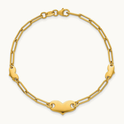 Polished Paperclip Link With Hearts 7.5in Bracelet, 14K