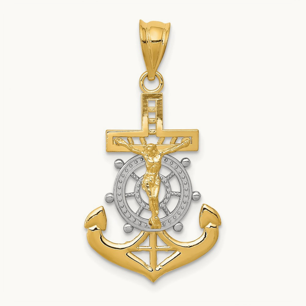 w/Rhodium Diamond-cut Mariners Crucifix Pendant, 14K