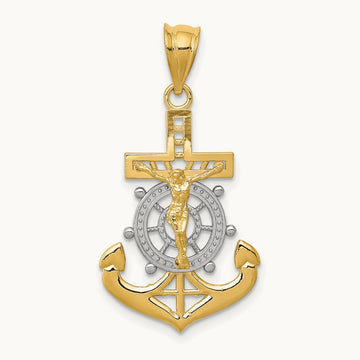w/Rhodium Diamond-cut Mariners Crucifix Pendant, 14K