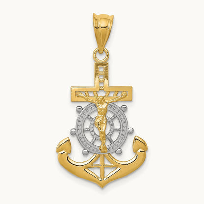 w/Rhodium Diamond-cut Mariners Crucifix Pendant, 14K