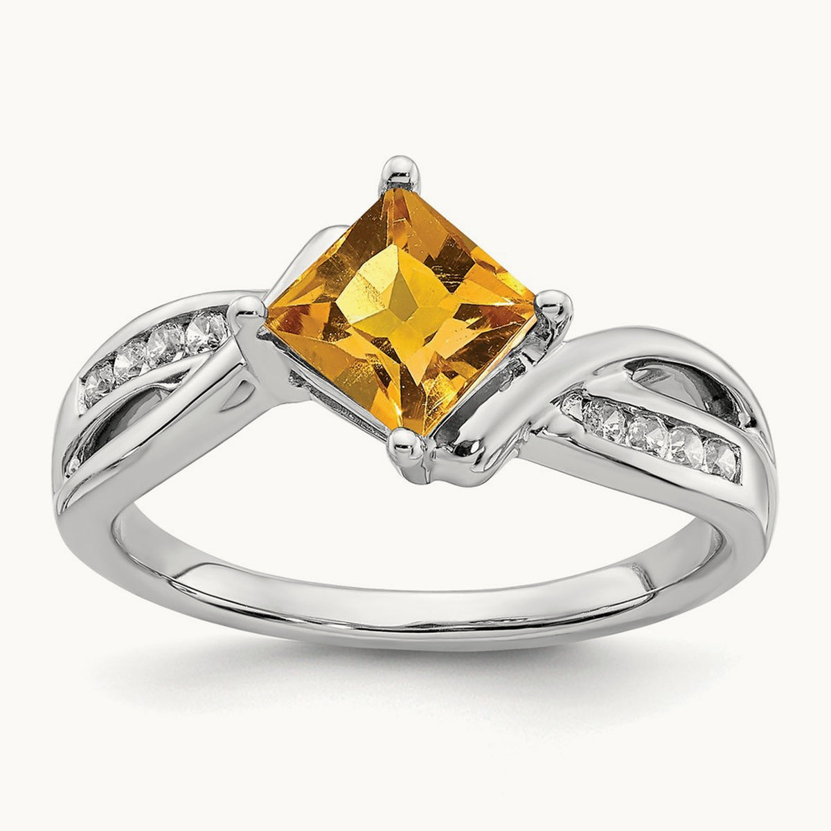 Square Citrine and Diamond Ring, 14K White Gold