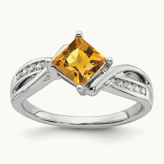 Square Citrine and Diamond Ring, 14K White Gold