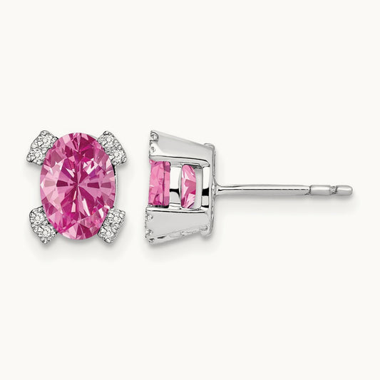 Oval Created Pink Sapphire and Diamond Earrings, 14K White Gold