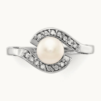 FW Cultured Pearl AA Diamond ring, 5.5mm, 14K White Gold