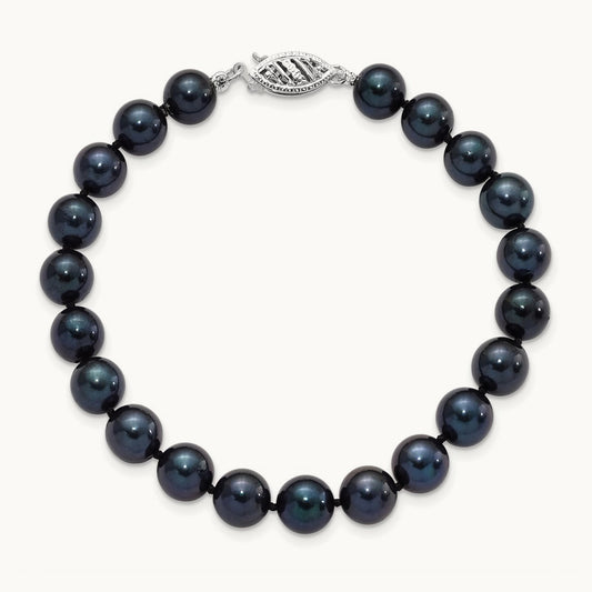 7- Round Black Saltwater Akoya Cultured Pearl Bracelet, 14K White Gold