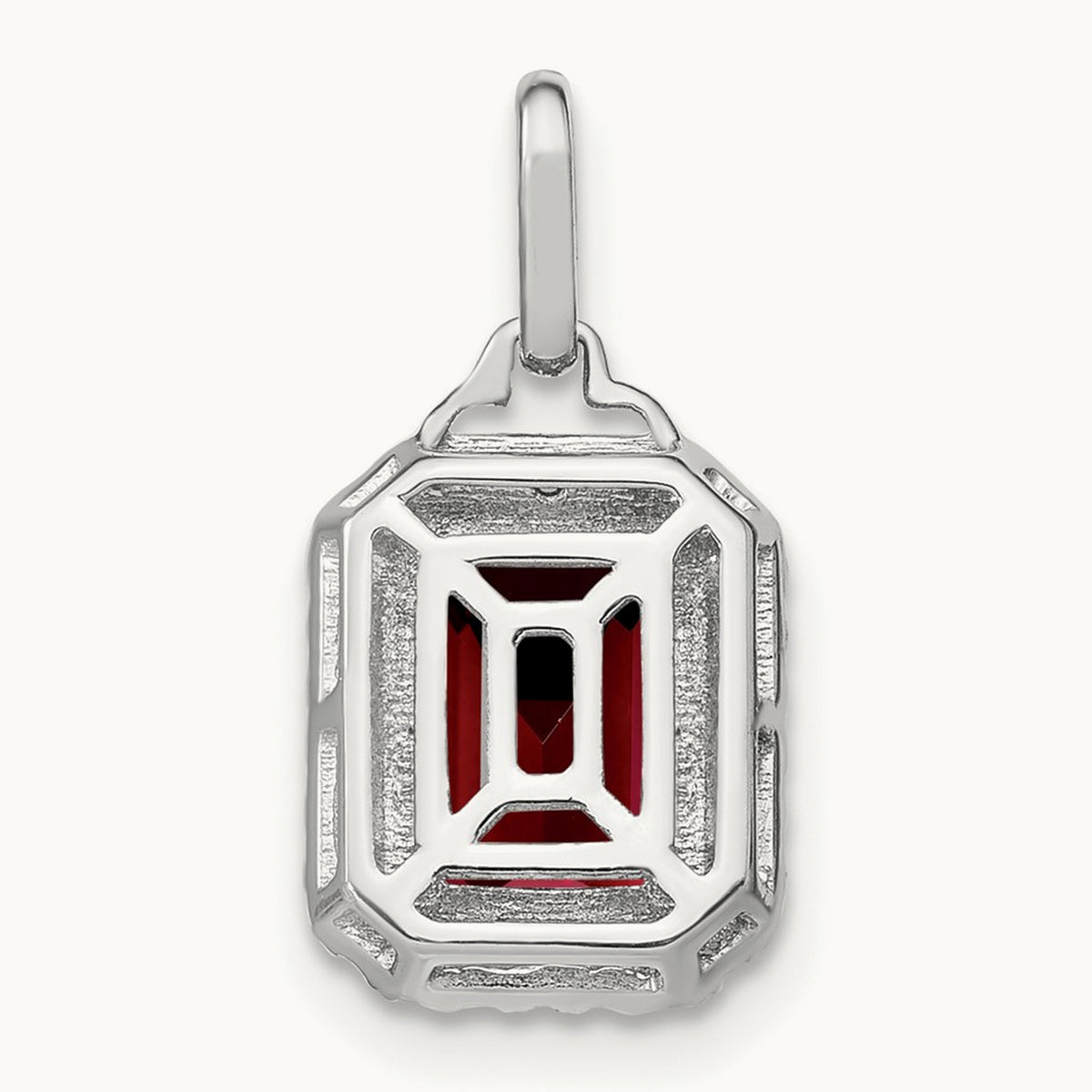 Emerald-cut Garnet and Diamond Halo Pendant, 14K White Gold