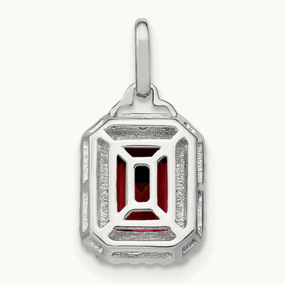 Emerald-cut Garnet and Diamond Halo Pendant, 14K White Gold