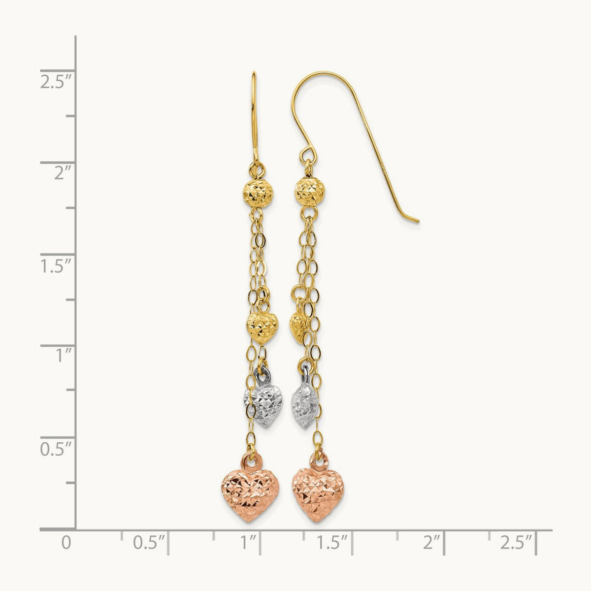 Tri-color Puff Heart Dangle Earrings, 14K