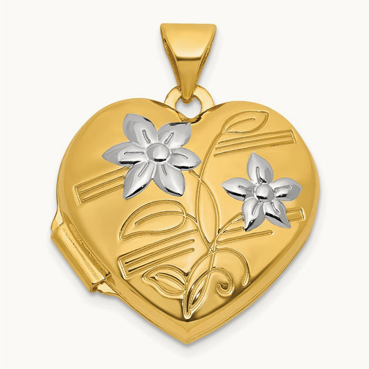 Polished Floral Heart Locket, 18mm, 14K with Rhodium