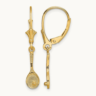 Polished Tennis Racquet w/ Ball Leverback Earrings, 14K