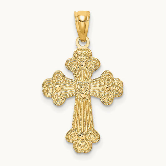 Polished Filigree 2 Level Heart Cross Pendant, 14K Two-tone