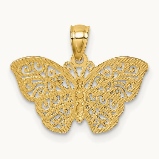Polished w/Rhodium Diamond-cut Filigree Butterfly Pendant, 14K