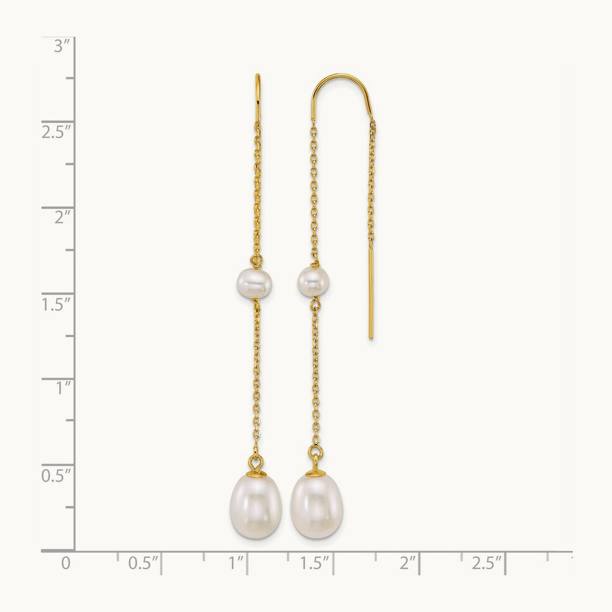 Near-Round/Teardrop White Freshwater Cultured Pearl Threader Earrings, 14K