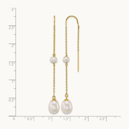 Near-Round/Teardrop White Freshwater Cultured Pearl Threader Earrings, 14K