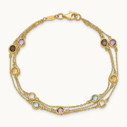 Smoky Quartz White Quartz/BT/CI/AM 3-strand 7.5in Bracelet, 14K