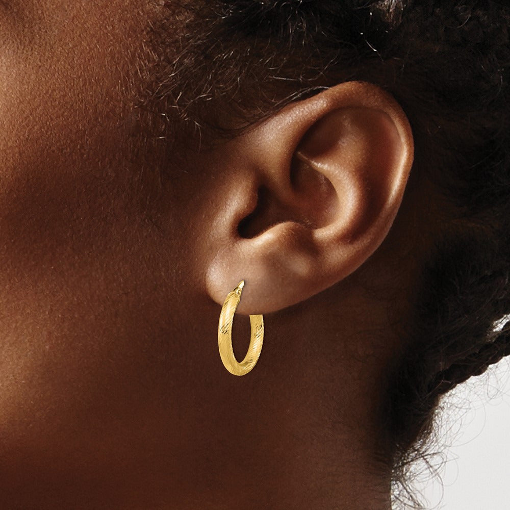 3x15 Diamond-cut Round Hoop Earrings — 14K Yellow Gold