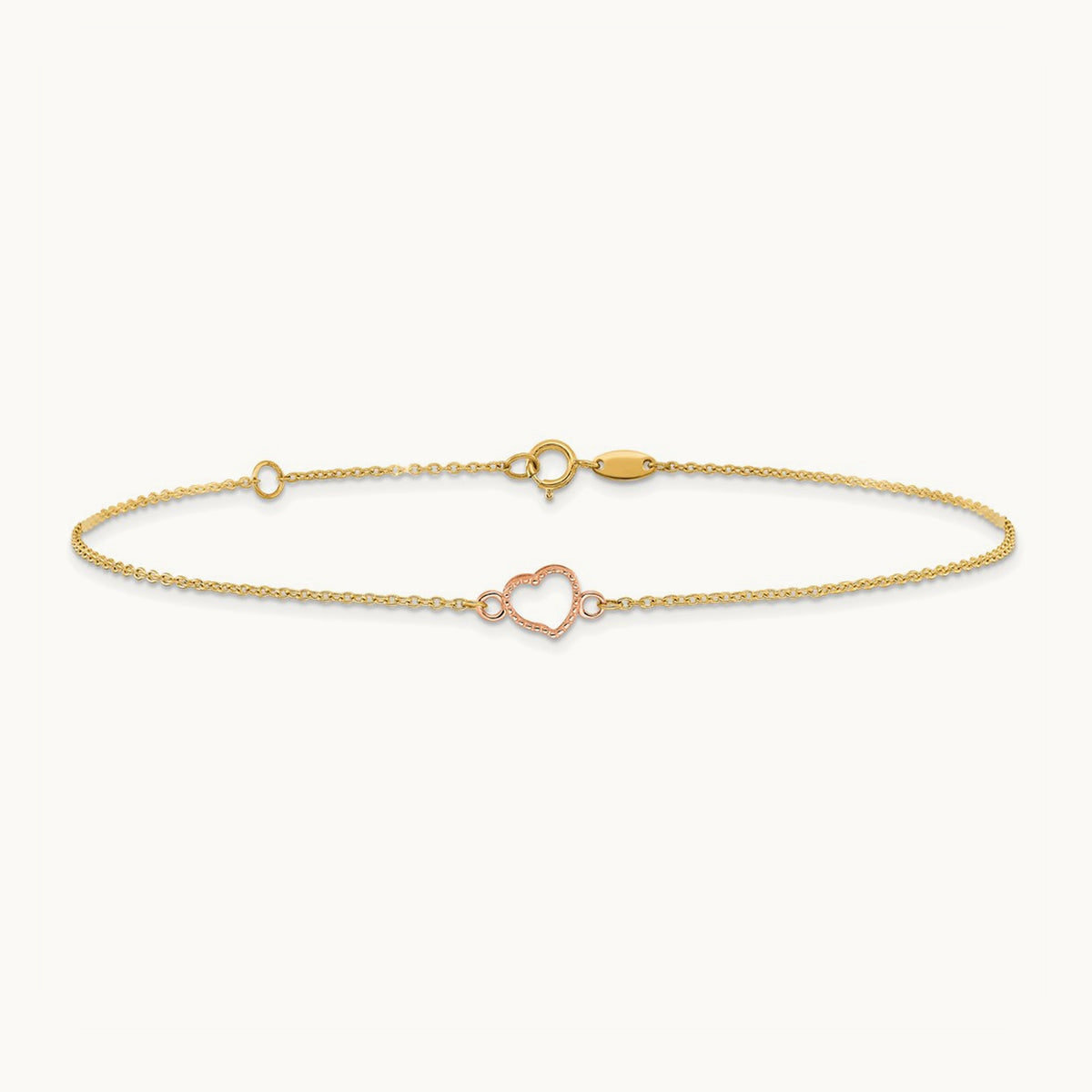 Textured and Polished Heart 9in Plus 1in ext. Anklet, 14K Two-tone