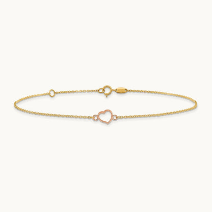 Textured and Polished Heart 9in Plus 1in ext. Anklet, 14K Two-tone