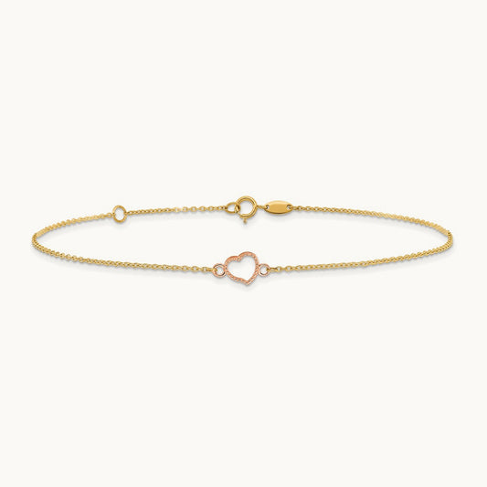 Textured and Polished Heart 9in Plus 1in ext. Anklet, 14K Two-tone