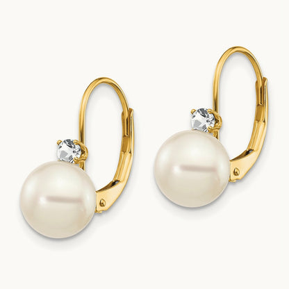 7- White Round FW Cultured Pearl AA Diamond Leverback Earrings, 8mm, 14K