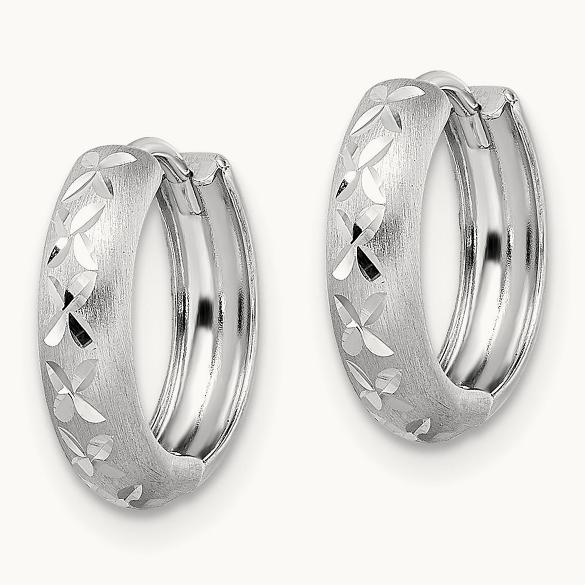 Diamond-cut X Satin 3x13mm Hinged Hoop Earrings — 14K White Gold