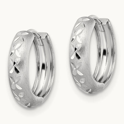 Diamond-cut X Satin 3x13mm Hinged Hoop Earrings — 14K White Gold