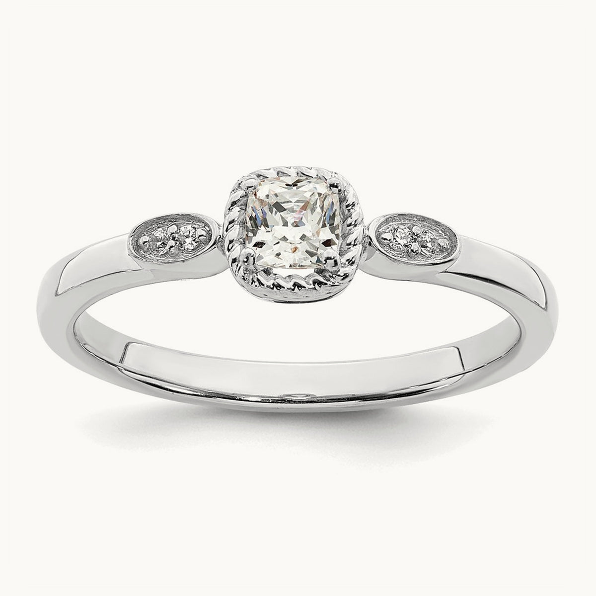 Petite Rope Edge Cushion Complete Dia Ring, 14K White Gold