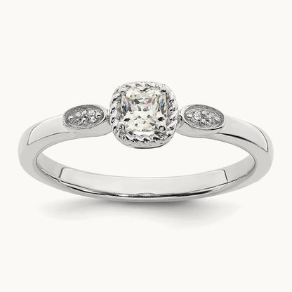Petite Rope Edge Cushion Complete Dia Ring, 14K White Gold