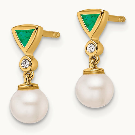 Polished Diamond and Emerald Pearl Dangle Post Earrings, 14K