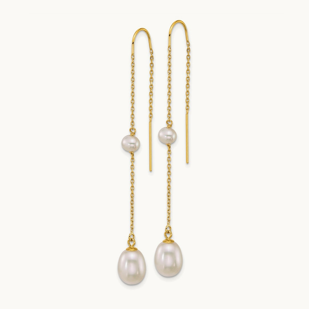 Near-Round/Teardrop White Freshwater Cultured Pearl Threader Earrings, 14K